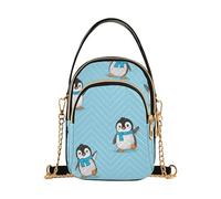 EOSDT Monedero de un solo hombro azul con diseño de pingüinos de dibujos animados para mujer, con correa de cadena, monedero para teléfono, con estampado floral, 5.9 x 8.3 x 3.1 pulgadas