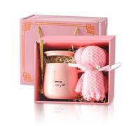 Eowppue Conjunto Exquisito de Caja de Regalo de Taza - Caja de Regalo Colorida con Taza con Tapa, Cuchara Dorada y Osito de Toalla Rosa