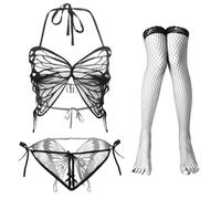 EOYVAIL Saltos de cama y camisolas para mujer,2pcs ver a través de la mariposa de malla sin espalda camisón lencería con espalda abierta