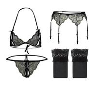 EOYVAIL Saltos de cama y camisolas para mujer,4 piezas negro ver-a través de los pantalones de las mujeres abiertas bikini lencería medias de encaje tanga