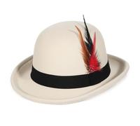 EOZY Bowler para los Hombres Mujeres Derby Vintage Fedora Sombrero Rollo Crepes Pluma extraíble Disfraz de Fiesta,Beige, 57