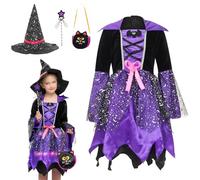 EOZY - Disfraz de Bruja para Niñas Halloween, Incluye Vestido, Sombrero, Palo de Hadas y Bolsa de Dulces - Cosplay Infantil