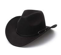 EOZY Sombrero vaquero occidental de fieltro tipo Fedora para mujer y hombre con ala ancha y hebilla de cinturón para exterior, Negro-a, 7 / 7 1/4
