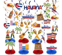 Epakh Juego de 22 piezas de decoraciones de fiesta de noche de La Habana, 2 pancartas de Cuba, 12 remolinos colgantes, 8 centros de mesa de panal para suministros de fiesta temática cubana