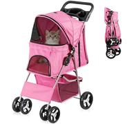 Epetlover Carrito plegable para perros de 4 ruedas, para gatos pequeños y medianos, cachorros, portátil, para viajes, camping, cachorros, con cesta de almacenamiento, soporte para tazas, color rosa