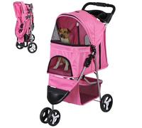 Epetlover Cochecito plegable para perros de 3 ruedas, para gatos pequeños y medianos, cachorros, portátil, para viajes, camping, cachorros, con cesta de almacenamiento, soporte para tazas, color rosa