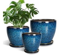 EPFamily Macetas para Interiores, macetas de cerámica con Agujeros de Drenaje y platillos, 10 + 8 + 6 Pulgadas, macetas Redondas Grandes para Plantas de Interior y Exterior, Juego de 3, Color Azul
