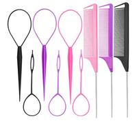 EPFUL Kit de 9 accesorios para coleta: 6 anillos para trenzar franceses + 3 peines metálicos, peinados para mujeres/niñas (rosa, morado, negro)