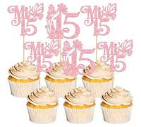 Ephlyn 24 piezas de decoración para cupcakes con purpurina Mis Quince 15 Feliz 15 Años Cupcake Picks Hello 15 Fabulosas decoraciones para cupcakes para saludos a 15 decoraciones de pastel de fiesta de