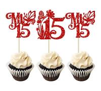 Ephlyn 24 piezas de decoración para cupcakes con purpurina Mis Quince 15 Feliz 15 Años Cupcake Picks Hello 15 Fabulosas decoraciones para cupcakes para saludos a 15 decoraciones de pastel de fiesta de