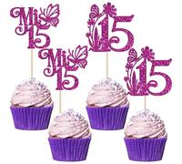 Ephlyn 24 piezas de decoración para cupcakes con purpurina Mis Quince 15 Feliz 15 Años Cupcake Picks Hello 15 Fabulosas decoraciones para cupcakes para saludos a 15 decoraciones de pastel de fiesta de