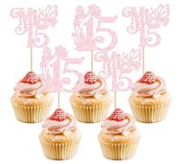 Ephlyn 24 piezas de decoración para cupcakes con purpurina Mis Quince 15 Feliz 15 Años Cupcake Picks Hello 15 Fabulosas decoraciones para cupcakes para saludos a 15 decoraciones de pastel de fiesta de