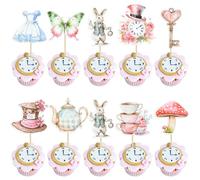 Ephlyn 36 piezas de decoración para cupcakes del país de las maravillas, decoración de tartas, mariposa, flor, tazón, llavero, reloj Eat Me, palillos para cupcakes para baby shower, cumpleaños,