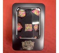 Epic Forge-Dados de Piedra semipreciosa - Juego de 7 Dados con Caja de Metal - Piedra Creativa - Rojo, Amarillo y Turquesa.