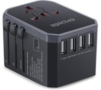 EPICKA Adaptador Enchufe, Adaptador de Viaje Universal de 28W, Adaptador Enchufe Universal, Adaptador Universal con 1 USB-C, 4 USB-A para Italia Inglaterra América Australia Japón (TA-105, Gris)