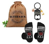 ePicsoa 50. Regalos de cumpleaños para hombres, saco de regalo 3 en 1, bolsa de regalo con bolsa de regalo de 40 x 30 cm, saco viejo, calcetines y abrebotellas, regalos divertidos para papá, marido