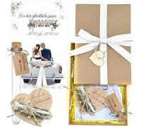 ePicsoa Juego de 11 tarjetas de boda, regalo de dinero, regalos de boda para novios, regalo de boda con tarjeta de felicitación, corazón de madera, cinta, rafia, cinta de satén, tubo de ensayo, caja