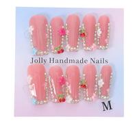 EPIGEIST 10 Piezas Uñas Postizas a Presión M Diseño 3D de Cereza y Flores, Cobertura Total, Gemas de Imitación Prensados para Decoración de Manicura Femenina, Set Reutilizable para Arte de