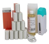 EpilWax - Kit completo de depilación Solo: 1 calentador de cera, 12 Roll-On de cera de Argán de 100 ml, 100 bandas de depilación, 1 botella de aceite para después de la cera de 250 ml (Solo Argan 12)