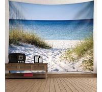 Epinki Tapiz Art Playa y Mar de Cañas, 300 x 256 cm, Azul Beige Verde, Poliéster, Tapices Habitación Decoración de Pared