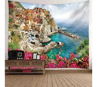 Epinki Tapiz de Pared Decorativos Pueblo Junto al Mar, 260x240cm, Multicolor, Poliéster, Tapiz para Sala de Estar