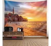 Epinki Tapiz de Pared Decorativos Pueblo y Puesta de Sol Junto al Mar, 200x200cm, Amarillo Marrón, Tapiz Poliéster