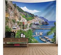 Epinki Tapiz Decorativo Grande Pueblo Junto al Mar, 210x140cm, Azul Verde Marrón Claro, Poliéster, Tapices de Pared