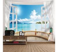 Epinki Tapiz Decorativo Pared Habitación Ventana Balcón y Paisaje Marino, 300x256cm, Azul Blanco, Tapices Poliéster