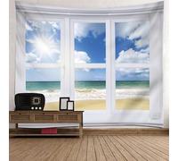 Epinki Tapiz Dormitorio Paisaje de Playa Desde la Ventana, 210x140cm, Azul Blanco, Poliéster, Decoración Pared Habitación Tapiz