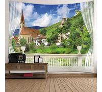 Epinki Tapiz Pared Pared Balcón Campestre y Pueblo, 300x256cm, Verde, Poliéster, Decoracion Hogar Tapiz para Sala de Estar