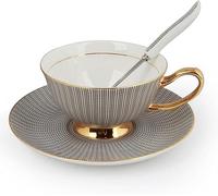 Eplze - Juego de taza y platillo de porcelana de hueso, taza de café de 6.8 onzas para té de la tarde, textura en relieve (gris)