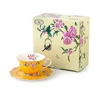 Eplze - Taza de té de cerámica con diseño de flores de peonía rosa con platillo, taza de té de porcelana de hueso para té de la tarde o decoración del hogar, color amarillo (juego de taza y platillo)