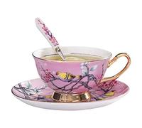 Eplze YBK Tech - Juego de taza y platillo estilo europeo, taza de café de porcelana china para desayuno, cocina en casa, patrones de pájaros y árboles (rosa intenso)