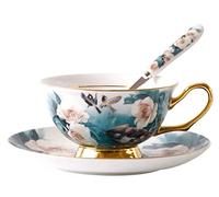 Eplze YBK Tech - Juego de taza y platillo estilo europeo, taza de café de porcelana china para desayuno, cocina en casa, patrones de pájaros y flores de camelia (turquesa)