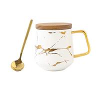 Eplze YBK Tech - Juego de tazas de té de porcelana para té de la tarde - Patrón de mármol (blanco, alto 400 ml + tapa de madera)