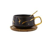 Eplze YBK Tech - Juego de tazas de té de porcelana para té de la tarde - Patrón de mármol (negro, corto 300 ml + platillo de madera)