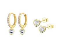 Epoch World 2 Pares Pendientes Corazón de Plata de Ley 925 Oro Pendientes Aro de Oro con Colgante Corazón Aros Aretes Pequeños Hipoalergénicos para Mujer Niñas