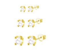 Epoch World 3 Pares Pendientes Perlas De Plata De Ley 925 Redondas Hipoalergénicos 3-5mm Pequeños Oro Pendientes Perlas de Oro Cultivadas Agua Dulce Para Mujer Niñas Joyería