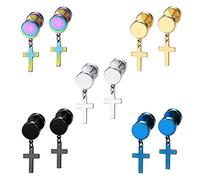 Epoch World 5 Pares Acero Inoxidable Pendientes Cruz pour Hombre Mujer Oro Negro, Colgantes Pendientes Mujer Cruz Plata, Aretes Oro Pequeños 8MM