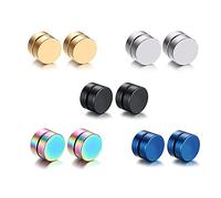 Epoch World 5 Pares Acero Inoxidable Pendientes Magnéticos Hombres Niño Falsos Clip Pendientes Sin Agujero Mujer Niña Aretes Iman Hipoalergénico 8MM Plata Oro Negro