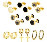 Epoch World Pack de 8 Pares Acero Inoxidable Aretes Hombre Oro Pendientes Aro Hombre Pendientes Mujer Dorados Pendientes Cruz Colgantes Pendientes Boton Hombre Mujer Pequeños
