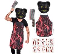 Epokus Disfraz de Oso de Terror, Disfraz de Halloween para Hombre, Máscara de Oso Negro, Cuchillo de Cocina Sangriento, Delantal, Adhesivo para Halloween Carnaval Tema Terror Cosplay Fiesta