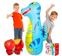 EQARD Saco de Boxeo Niños 120cm Hinchable Dinosaurio Bolsa Boxeo con Material Más Grueso Seguro Rebote Instantáneo con Guantes de Boxeo Karate Kickboxing Taekwondo Regalo para Niños 3-9 Años (Azul)
