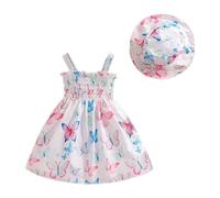 Eqenkely Bebé Niña Elegante Vestido Infantil Flor Imprimir Tirantes Sombrero a Juego Conjunto Vestidos de Playa Verano 3 Meses-3 Años Blanco 3-6 Meses