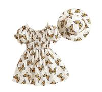 Eqenkely Bebé Niña Elegante Vestido Manga Corta Infantil Flor Imprimir Sombrero a Juego Conjunto Vestidos de Playa Verano 3 Meses-3 Años Amarillo 6-9 Meses