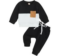 Eqenkely Conjunto Deportivo para Bebé Niño Sudadera Color de Contraste + Pantalones Largos 2 Piezas Trajes de Otoño Invierno Negro 12-18 Meses