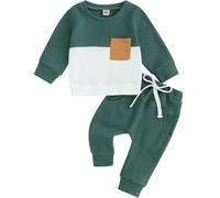 Eqenkely Conjunto Deportivo para Bebé Niño Sudadera Color de Contraste + Pantalones Largos 2 Piezas Trajes de Otoño Invierno Verde 6-12 Meses