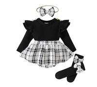 Eqenkely Ropa de Bebé Recién Nacida para Niñas Princesa Vestido de Punto Manga Larga con Cuadros y Diadema Trajes de Ropa para 0-18 Meses Negro 6-12 Meses