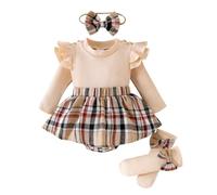 Eqenkely Ropa de Bebé Recién Nacida para Niñas Princesa Vestido de Punto Manga Larga con Cuadros y Diadema Trajes de Ropa para 0-18 Meses Beige 6-12 Meses
