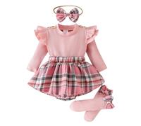 Eqenkely Ropa de Bebé Recién Nacida para Niñas Princesa Vestido de Punto Manga Larga con Cuadros y Diadema Trajes de Ropa para 0-18 Meses Rosa 0-3 Meses